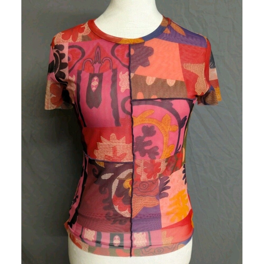 Desigual Sexy Top Women's Size Small Multicolor T Shirt Mesh Gothic Patchwork